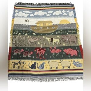 Vintage Noah’s Ark Woven Throw Blanket, Fringe Hem 50”x60”